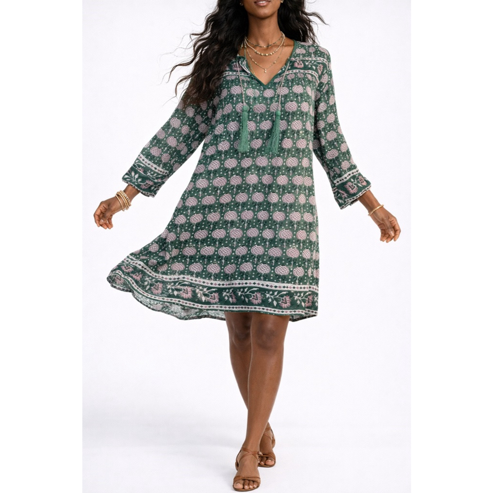 SZ Blockprints Green Cotton Tassel Tie Tunic Dress‎ One Size